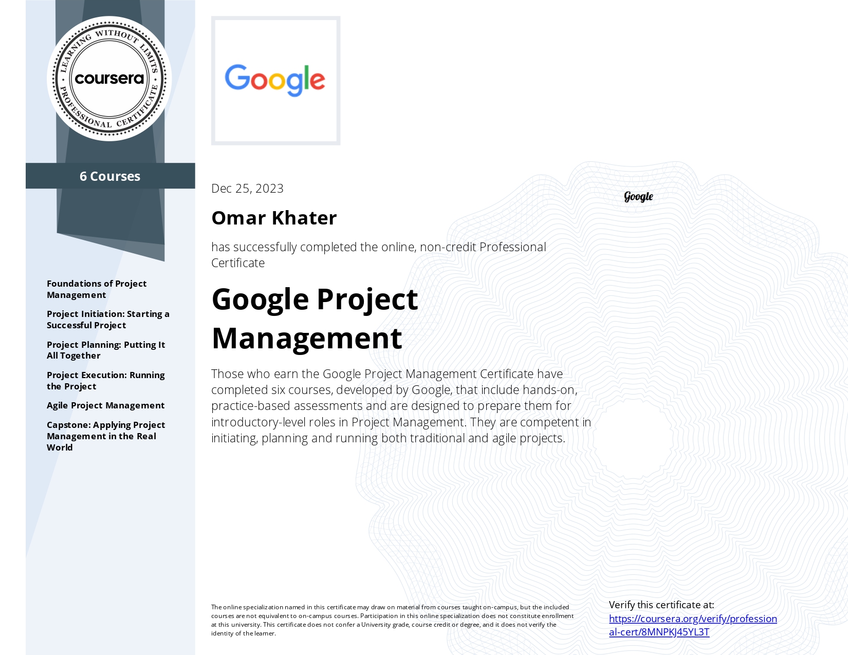 Google Project Management Professional Certificate certificate